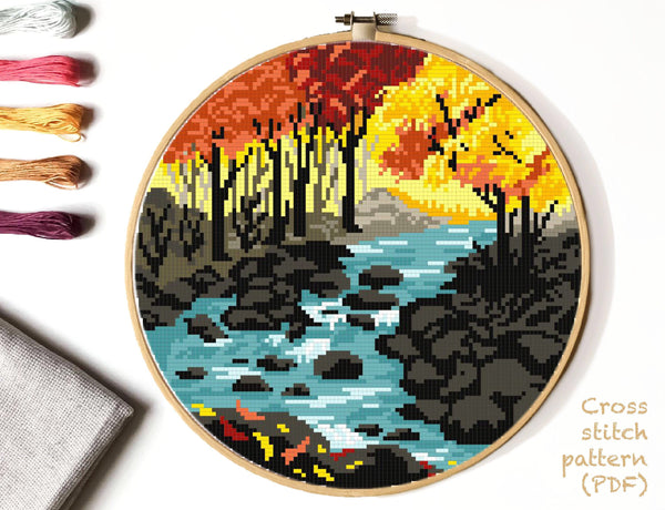 Great Smoky national park Modern Cross Stitch Pattern, autumn landscape, instant PDF