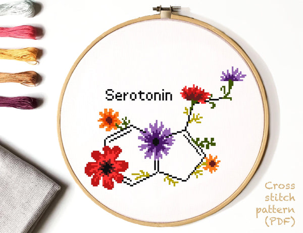 Hormone floral cross stitch pattern modern, serotonin flower, anatomy, molecule, instant download PDF