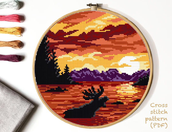 Alaska Denali national park  Modern Cross Stitch Pattern, nature counted cross stitch chart, landscape, deer, lake , forest, instant PDF