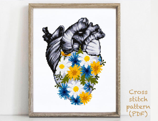 Heart floral Modern Cross Stitch Pattern, flowers, INSTANT DOWNLOAD PDF