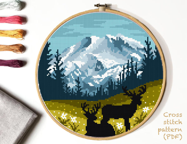 Mount Rainier national park, Landscape Modern Cross Stitch Pattern, deer, instant PDF