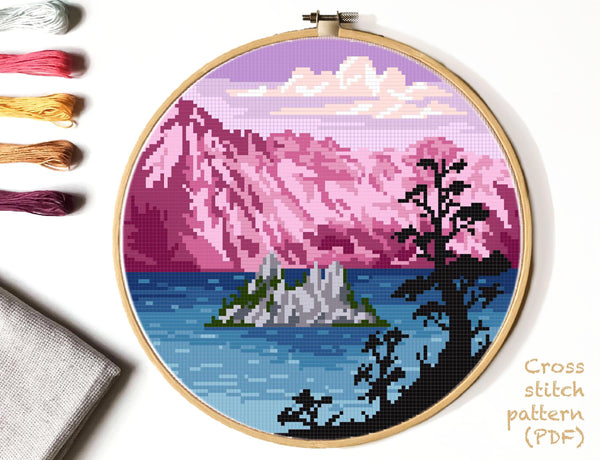 Crater lake national park Modern Cross Stitch Pattern, instant PDF