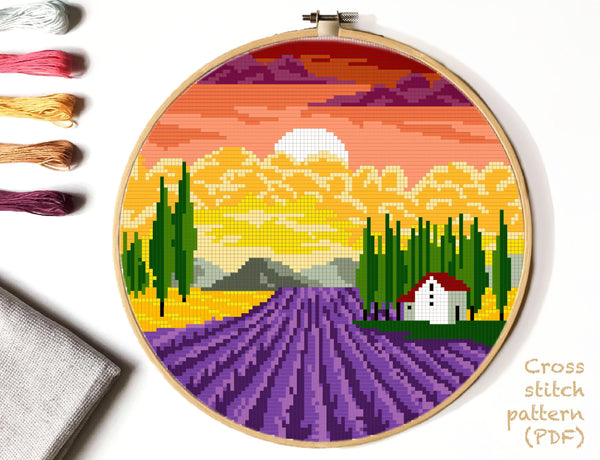 Lavender Modern Cross Stitch Pattern, lavender, mountain, forest, INSTANT DOWNLOAD PDF