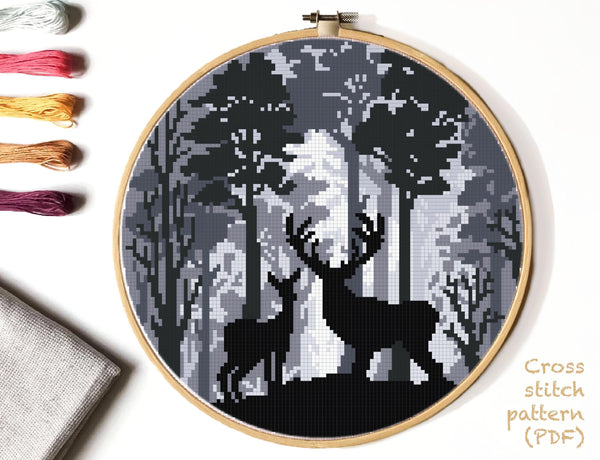 Landscape Modern Cross Stitch Pattern, forest, deer,instant PDF