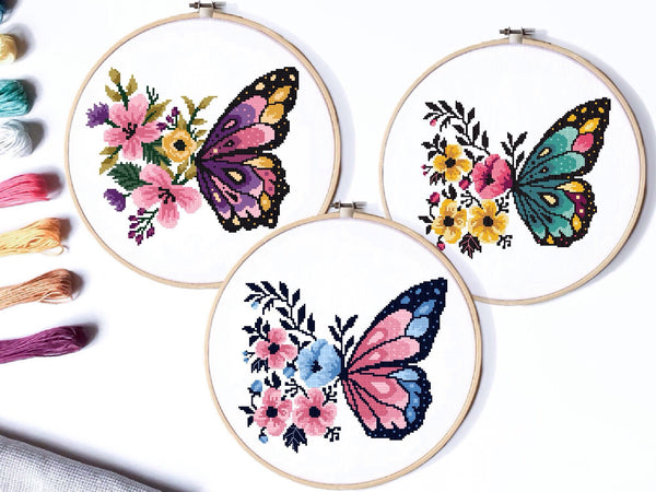 Butterflies Modern Cross Stitch Pattern, flowers, Instant download PDF