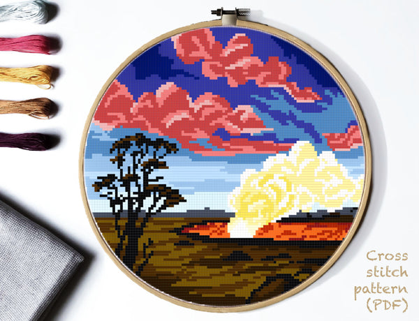 Hawaii Volcanoes  national park  Modern Cross Stitch Pattern, volcano, instant PDF