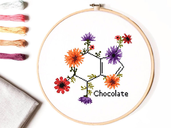 Chocolate molecule floral cross stitch pattern modern, flower, science,, instant download PDF