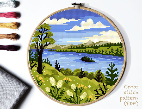 Lake Tahoe national park Modern Cross Stitch Pattern, landscape, instant PDF