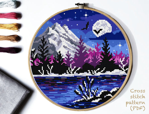 Winter Landscape Cross Stitch Pattern, mountain, starry sky, moon, forest, lake, INSTANT DOWNLOAD PDF