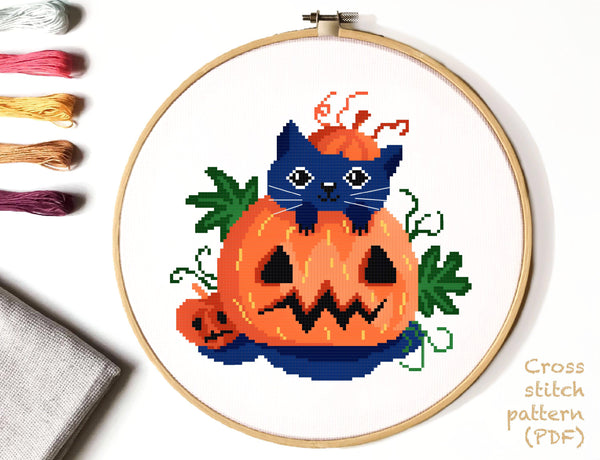 Halloween  Modern Cross Stitch Pattern, cat, pumpkin ,INSTANT DOWNLOAD PDF