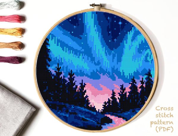 Northern Lights Modern Cross Stitch Pattern, landscape, INSTANT DOWNLOAD PDF