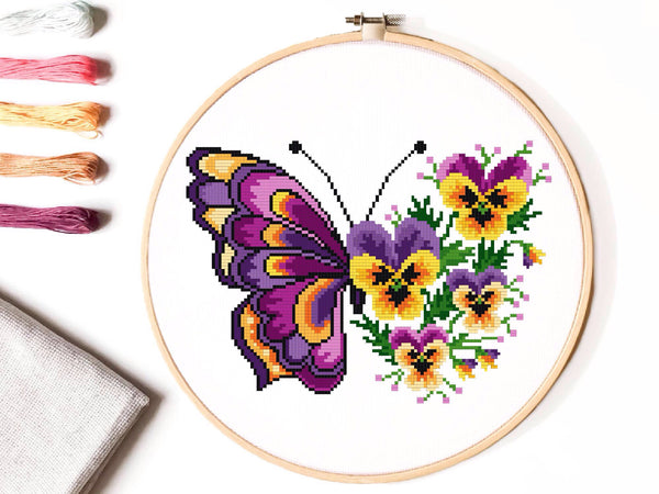 Floral butterfly Modern Cross Stitch Pattern, flower, insects,  Instant download PDF