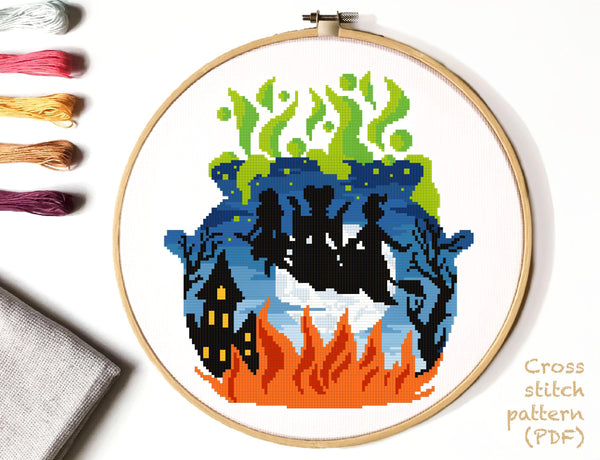 Halloween Modern Cross Stitch Pattern, witch, INSTANT DOWNLOAD PDF