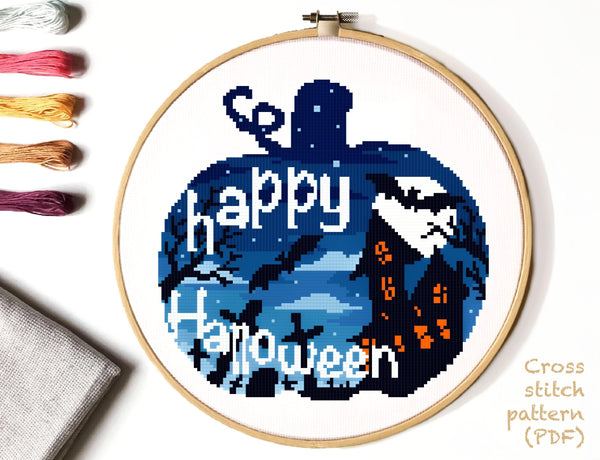 Halloween  Modern Cross Stitch Pattern, castle, pumpkin , INSTANT DOWNLOAD PDF