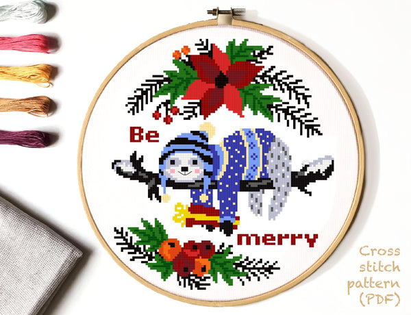 Christmas Wreath Modern Cross Stitch Pattern, sloth, Instant download PDF