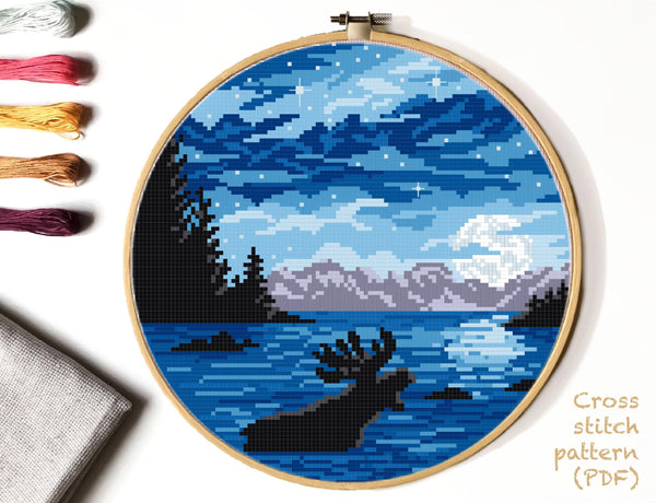 Landscape Modern Cross Stitch Pattern, Alaska Denali national park, moose, instant PDF