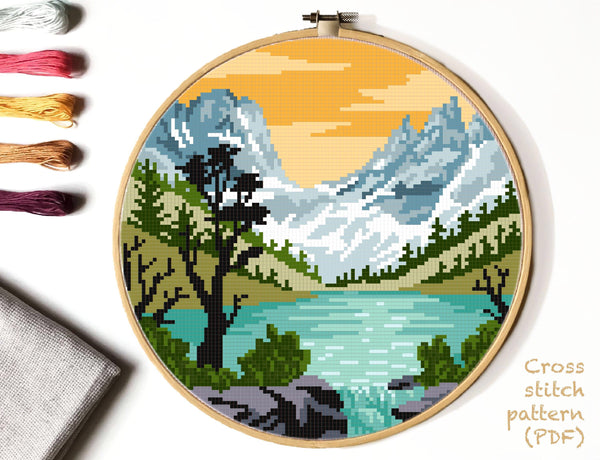 Rocky Mountain national park Modern Cross Stitch Pattern, instant PDF