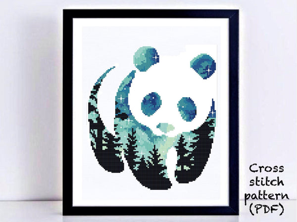 Panda Cross Stitch Pattern modern, forest, animal silhouette, starry night,  instant PDF