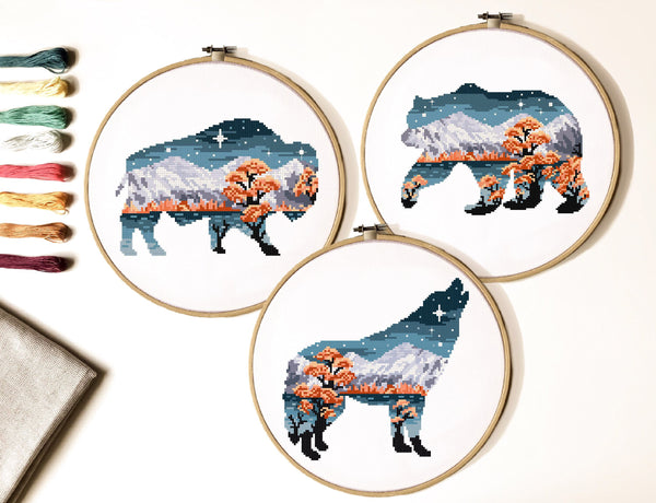 Wolf, Buffalo, Bear Cross Stitch Pattern, landscape, animals ,instant PDF