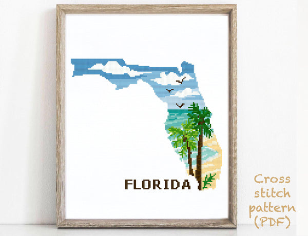 Florida state  Modern Cross Stitch Pattern, palm, beach,  instant PDF