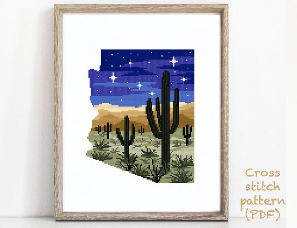 Arizona state Modern Cross Stitch Pattern, night sky, cactus, instant PDF