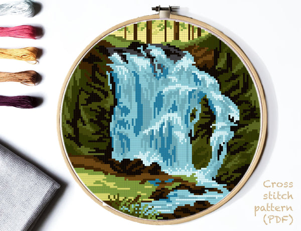 Lassen Volcanic national park  Modern Cross Stitch Pattern, landscape,waterfall, instant PDF