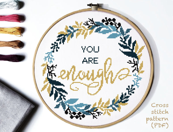 Quote Modern Cross Stitch Pattern, flower wreath, Instant download PDF