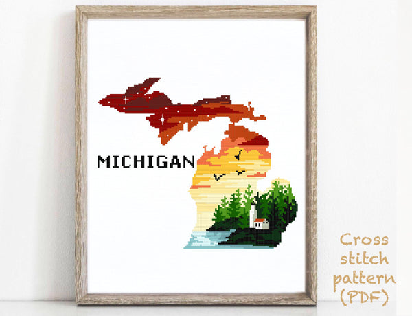 Michigan state  Modern Cross Stitch Pattern,  Isle Royale national park, instant PDF