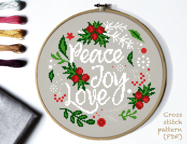 Peace Joy Love  Christmas Wreath Modern Cross Stitch Pattern, Instant download PDF