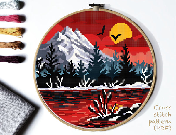 Winter Landscape Cross Stitch Pattern, mountain, nature, forest, lake, INSTANT DOWNLOAD PDF