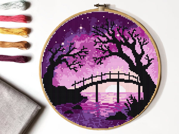 Landscape Modern  Cross Stitch Pattern, river, starry sky, instant PDF