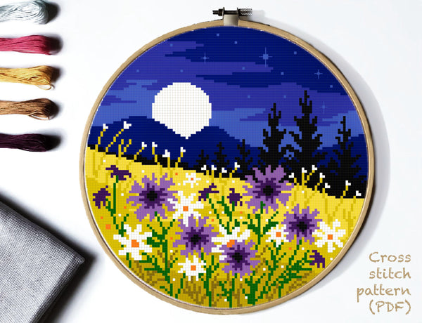 Nature Modern Cross Stitch Pattern, flowers, instant PDF