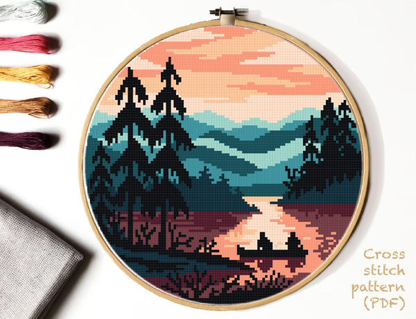 Landscape  Cross Stitch Pattern, river,  mountains, instant download pdf