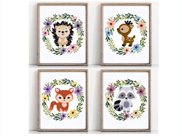 Raccoon Fox Hedgehog Deer Cross Stitch Pattern, flowers wreath, animals, instant PDF