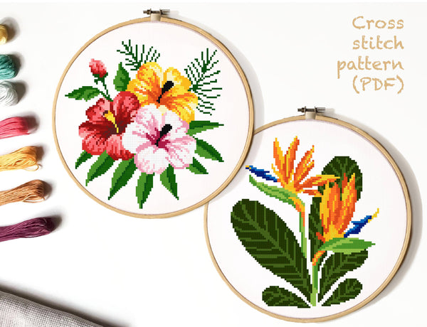 Tropical flowers Modern Cross Stitch Pattern, floral, Instant download PDF