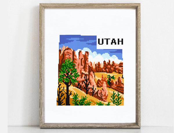 Utah state Modern Cross Stitch Pattern, Bryce Canyon  national park, instant PDF