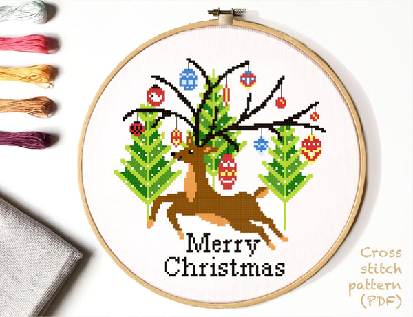 Christmas Deer Modern Cross Stitch Pattern, holiday, Instant download PDF