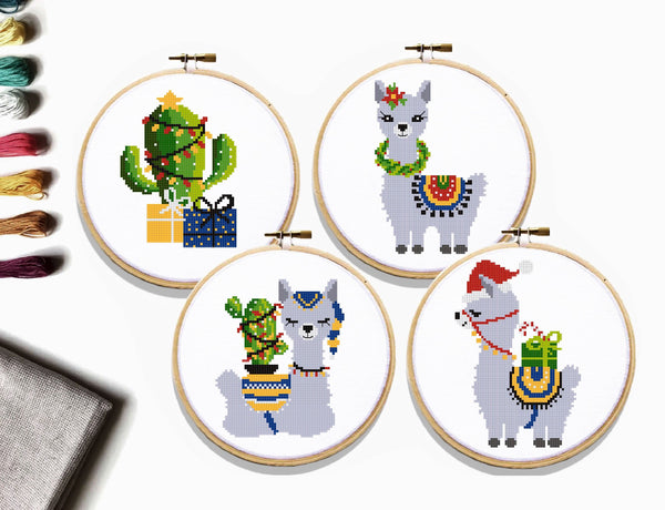 Christmas llamas, cactus  Modern Cross Stitch Pattern,  Instant download PDF