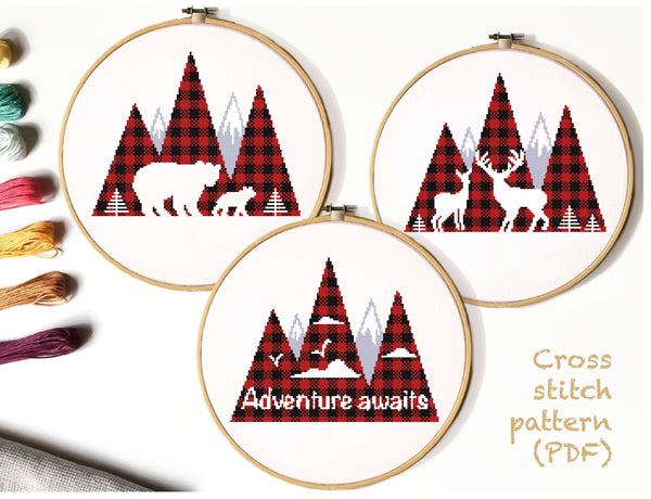 Buffalo plaid Mountains modern Cross Stitch Pattern, animals, INSTANT DOWNLOAD PDF