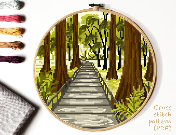 Congaree National Park Modern Cross Stitch Pattern, landscape, instant PDF