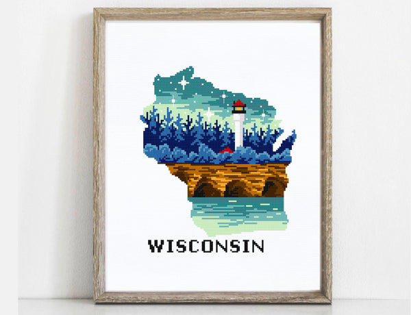 Wisconsin state Modern Cross Stitch Pattern, lighthouse, Apostle Islands National Lakeshore, instant PDF