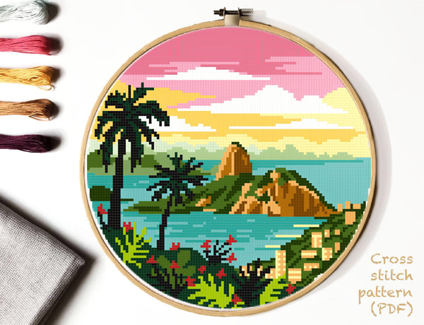 Brazil, Rio de Janeiro Modern Cross Stitch Pattern, Sugar Loaf, Pao de Acucar,  ocean, INSTANT DOWNLOAD PDF