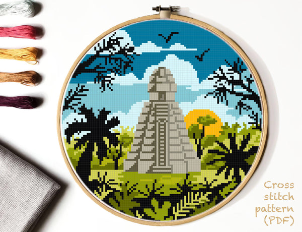 Guatemala Modern Cross Stitch Pattern, landscape, tropic forest, jungle, maya, INSTANT DOWNLOAD PDF
