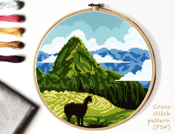 Peru Modern Cross Stitch Pattern, Latin America, Machu Picchu, inca city, Andes mountains, instant PDF