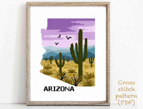 Arizona state Modern Cross Stitch Pattern, cactus, mountains,  instant PDF