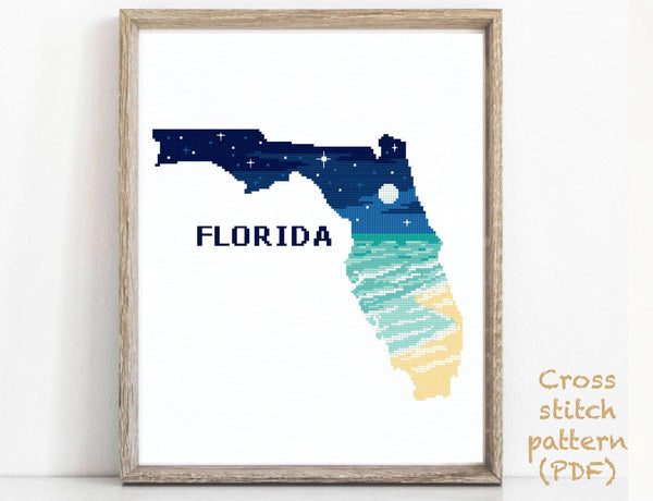 Florida state  Modern Cross Stitch Pattern,  night sky, moon,  instant PDF