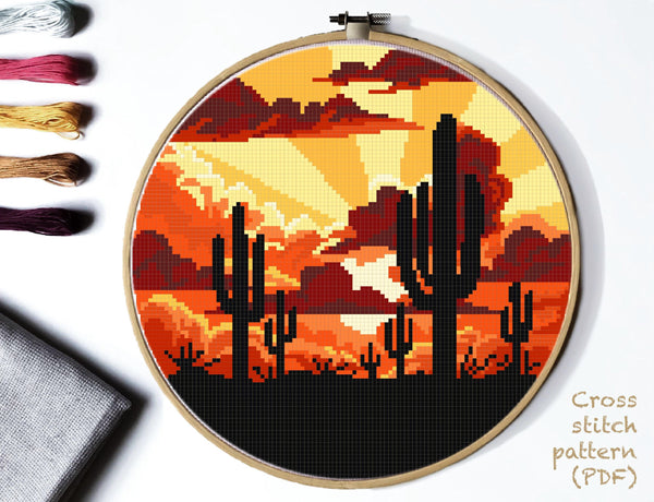 Saguaro  national park  Modern Cross Stitch Pattern, sunset, cactus, instant PDF