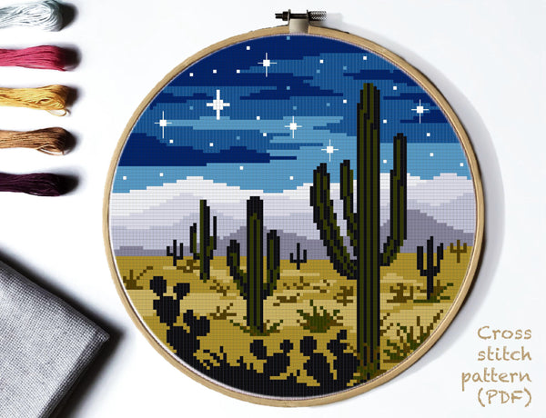 Saguaro national park  Modern Cross Stitch Pattern, night sky, mountains, cactus, instant PDF