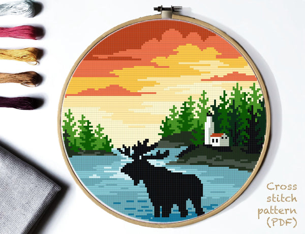 Isle Royale national park Modern Cross Stitch Pattern, moose, instant PDF