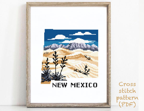 New Mexico  state  Modern Cross Stitch Pattern, Whit Sands national park, instant PDF